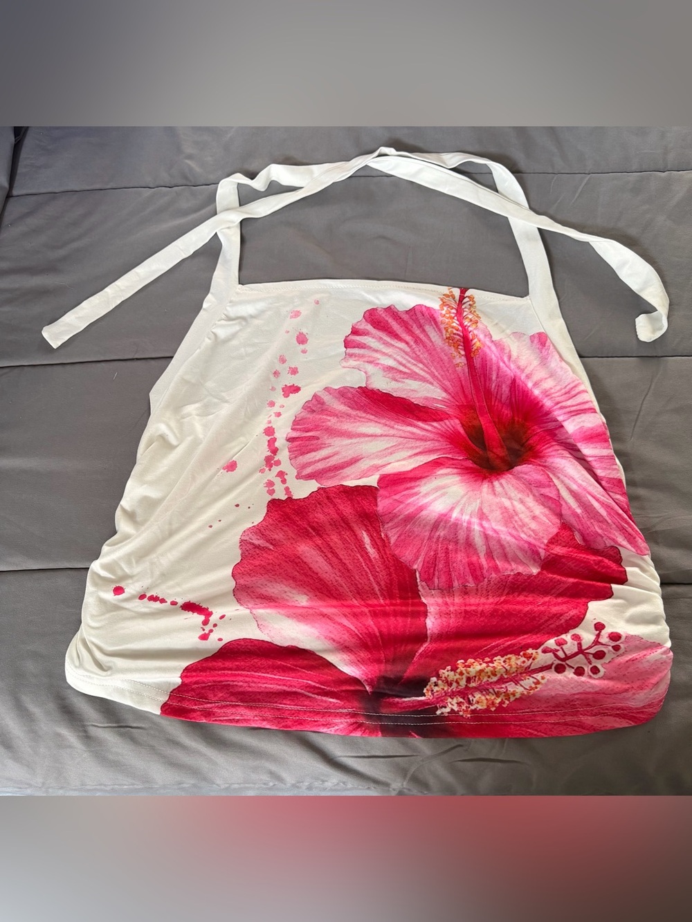 SHEIN White Halter Crop Top with Pink Floral Hibiscus Print